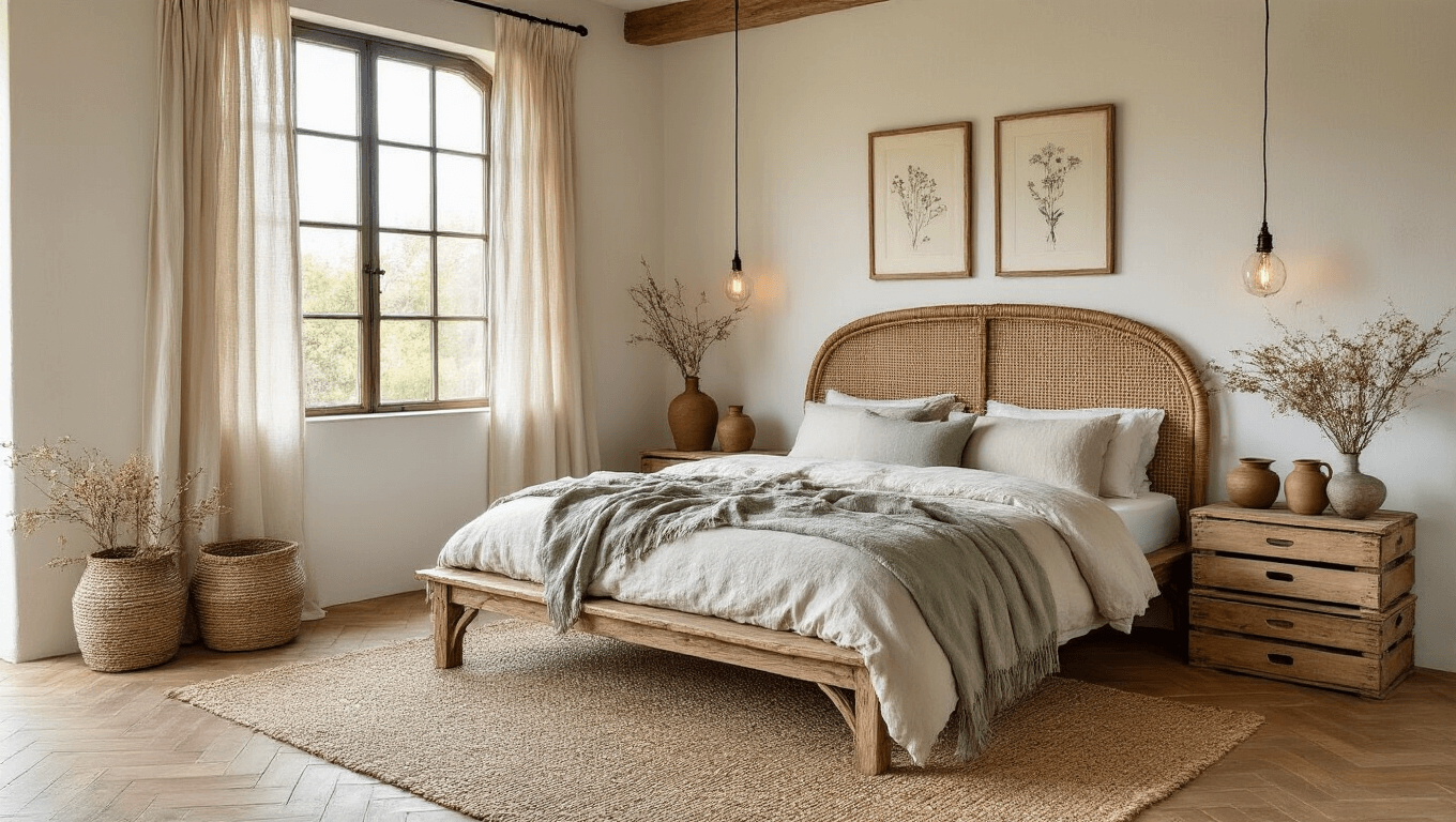Cozy cottage bedroom featuring weathered oak herringbone flooring, a reclaimed wood platform bed with a curved rattan headboard, layered in stonewashed linen bedding, large iron-framed windows with sheer curtains, vintage wooden crates as bedside tables with ceramic vessels and dried wildflowers, a chunky jute rug, and botanical prints on warm white walls, all illuminated by soft Edison bulb lighting.
