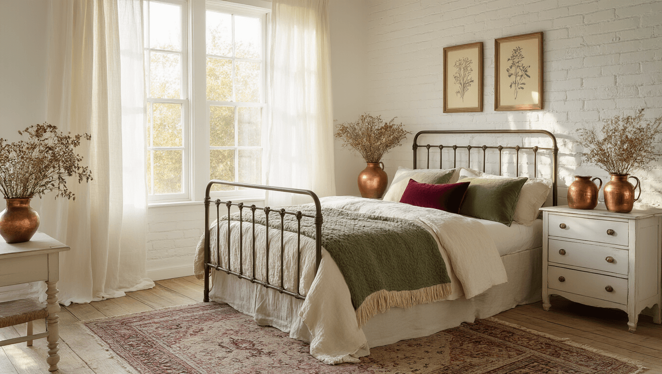 Cinematic wide-angle shot of a sunlit cottage bedroom featuring a vintage iron bed, layered bedding, and rustic decor, embodying the cozy cottagecore aesthetic.