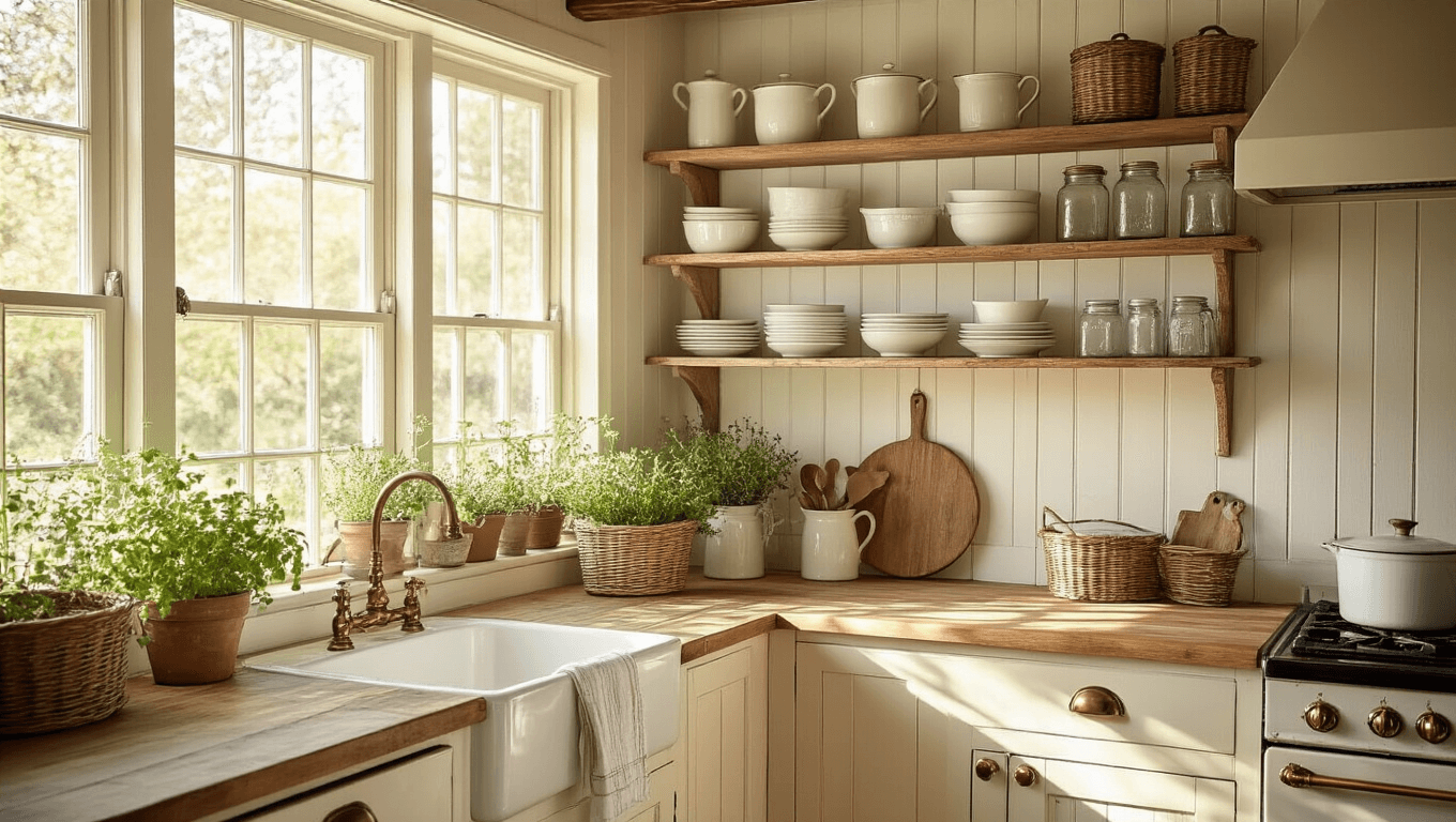 Photorealistic view of a cozy cottage kitchen bathed in golden hour sunlight, featuring reclaimed wood shelves with vintage dishware, cream-colored cabinets, rustic wood countertops, and decorative potted herbs, creating a warm and inviting atmosphere.