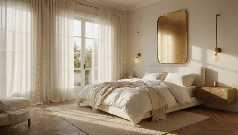 Photorealistic image of an intimate 12x14ft bedroom featuring golden hour sunlight through sheer linen curtains, a king-size platform bed with cloud-white organic cotton bedding, textured ivory throws, and light oak herringbone flooring, enhanced by warm ambient light from brass sconces and a large antique gold mirror, all in a neutral color palette with blush undertones.