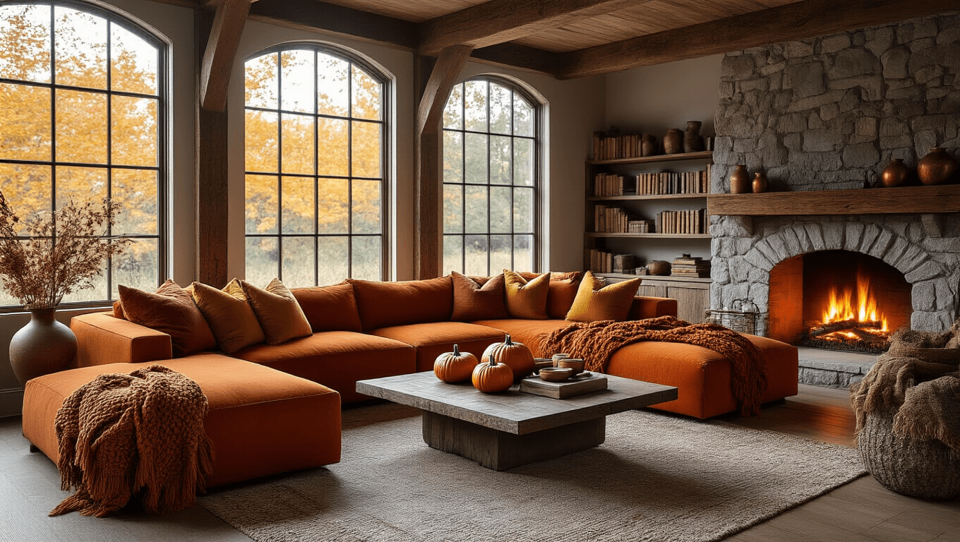 A cozy fall living room with moody afternoon light, featuring a burnt orange sectional sofa, stone fireplace, artisanal pumpkins, and warm ambient lighting.