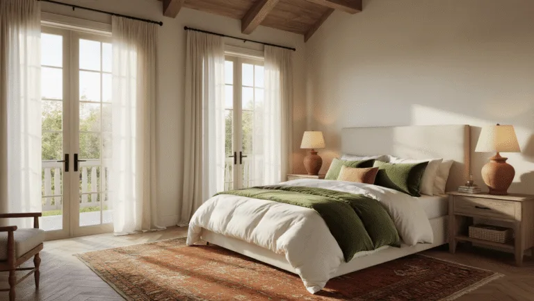 Photorealistic image of a serene 14x16ft bedroom during golden hour, featuring a king-size bed with ivory linens and sage velvet pillows, natural oak herringbone flooring, a vintage Persian rug, handcrafted ceramic lamps, and rustic farmhouse elements, enhanced by soft natural light and a cinematic depth of field.