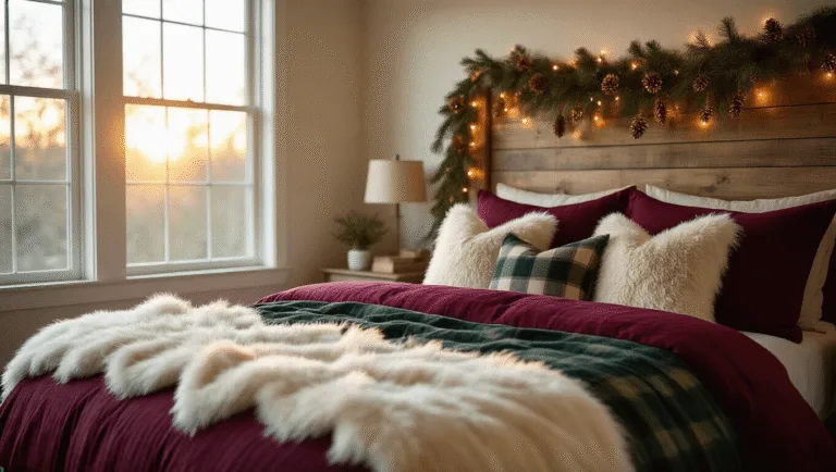 A luxurious bedroom bathed in golden hour light, featuring a queen-sized bed with deep burgundy flannel bedding, oversized ivory faux fur pillows, and a rustic wooden headboard adorned with fairy lights and a natural pine garland. Delicate string lights outline the window frames, enhancing the cozy atmosphere complemented by natural elements like dried orange slices and pine branches.