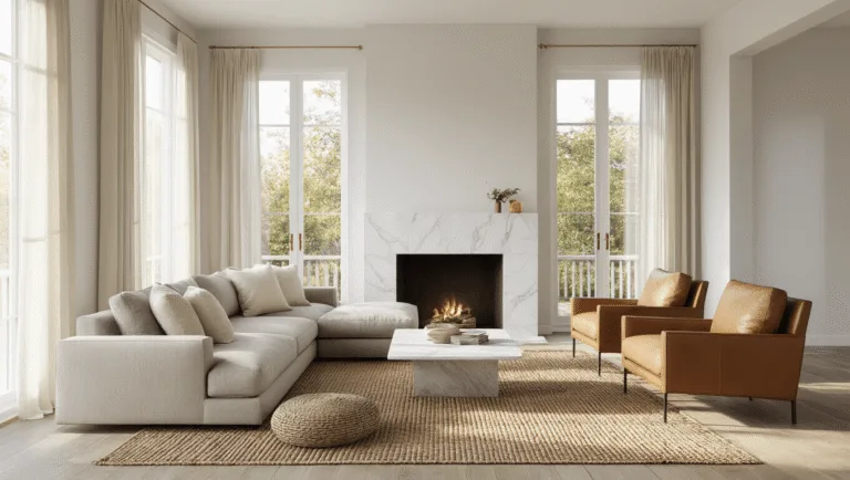 Photorealistic image of a sunlit minimalist living room featuring a greige linen sectional sofa, camel leather chairs, and a white marble fireplace, all styled with neutral decor and warm lighting.