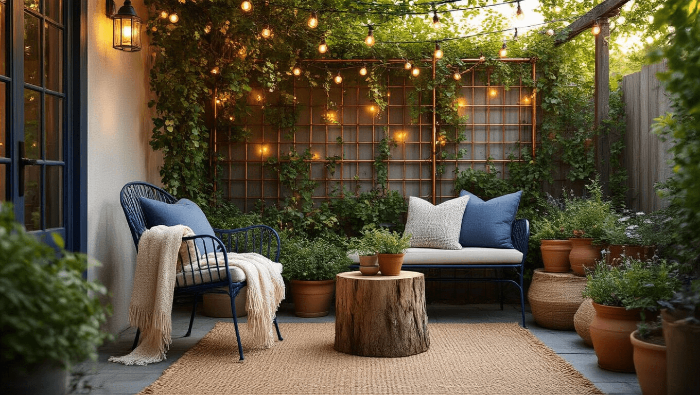 A cozy small patio at golden hour featuring a vintage navy chair, a weathered stump side table with a cream throw, a copper pipe trellis with jasmine, a jute rug with blue and white cushions, terra cotta pots with succulents, solar string lights, and a sage green concrete planter with snake plants, all bathed in warm evening light.