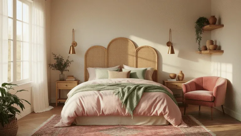 A sunlit cozy bedroom during golden hour featuring a plush queen bed, vintage brass sconces, a dusty rose velvet reading chair, and oak flooring with a Persian rug, all styled with plants and ceramics.