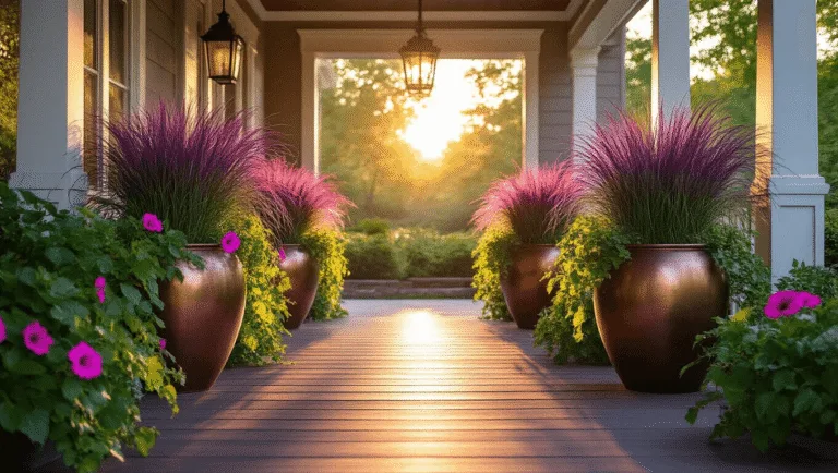 A craftsman-style front porch at golden hour, showcasing oversized patinated copper planters with rich purple fountain grass, hot pink petunias, and chartreuse sweet potato vines, all illuminated by warm sunlight casting dramatic shadows, while soft bokeh enhances the hyperrealistic detail of the scene.