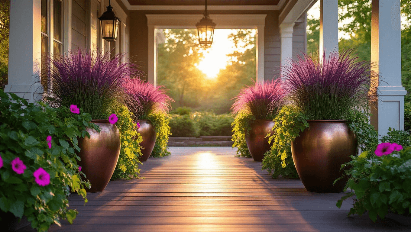 A craftsman-style front porch at golden hour, showcasing oversized patinated copper planters with rich purple fountain grass, hot pink petunias, and chartreuse sweet potato vines, all illuminated by warm sunlight casting dramatic shadows, while soft bokeh enhances the hyperrealistic detail of the scene.