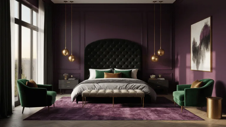 Cinematic wide shot of an opulent master bedroom with deep amethyst walls, a king-size bed with a black tufted velvet headboard, asymmetrical brass pendant lights, and floor-to-ceiling windows draped in sheer charcoal curtains, all bathed in warm golden hour light.