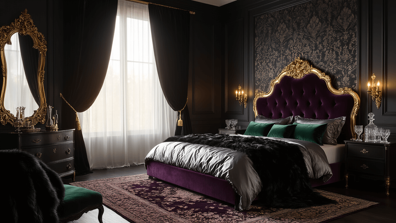 Luxurious dark feminine bedroom with golden hour lighting, featuring a king-sized bed in deep plum velvet, ornate gold mirror, vintage brass sconces, and emerald velvet pillows, all set against charcoal walls and dark hardwood floors.