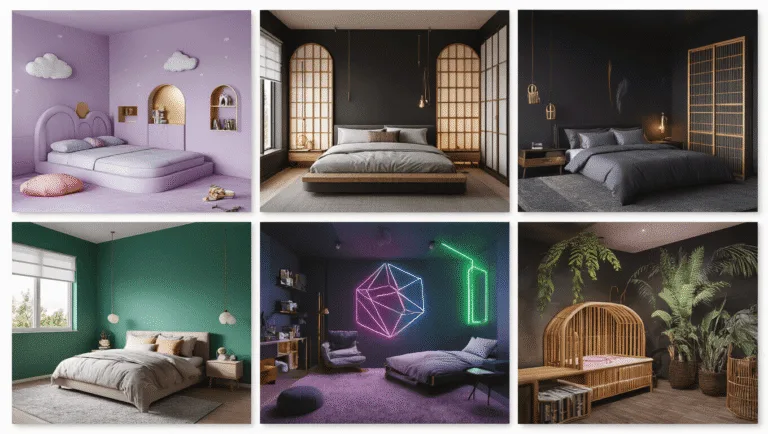 Cinematic grid of six diverse bedroom styles: a pastel kawaii sanctuary, a minimalist zen suite, a retro gaming paradise, a tropical whimsy space, a Scandinavian-inspired teen retreat, and a boho artist's sanctuary, all captured in hyperrealistic 8K resolution with professional architectural lighting.