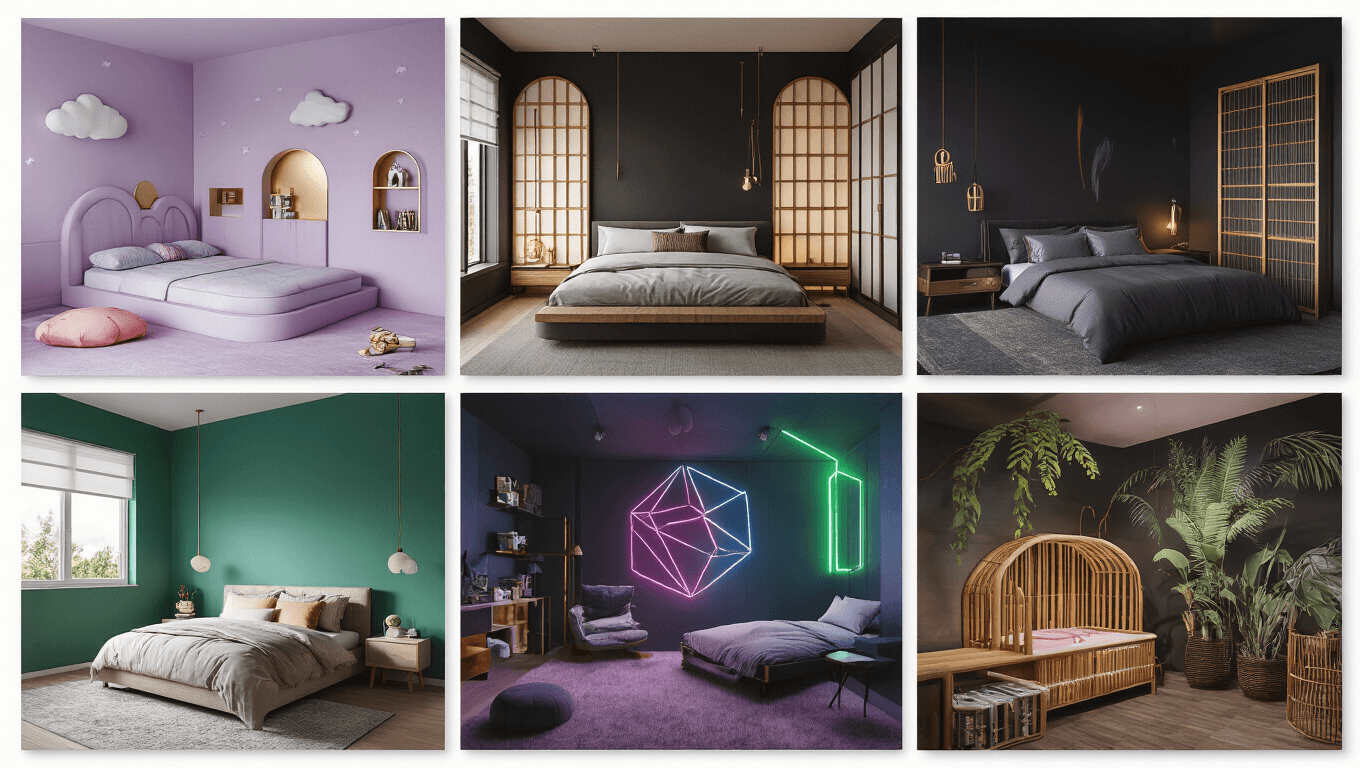 Cinematic grid of six diverse bedroom styles: a pastel kawaii sanctuary, a minimalist zen suite, a retro gaming paradise, a tropical whimsy space, a Scandinavian-inspired teen retreat, and a boho artist's sanctuary, all captured in hyperrealistic 8K resolution with professional architectural lighting.