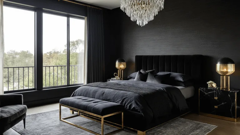 Cinematic interior of a luxurious black bedroom with a velvet king-size bed, brass accents, and natural morning light illuminating the space through large windows.