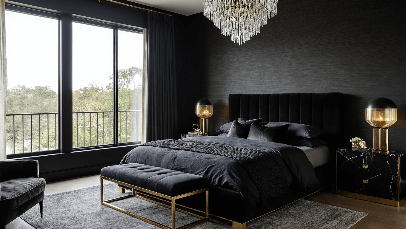 Cinematic interior of a luxurious black bedroom with a velvet king-size bed, brass accents, and natural morning light illuminating the space through large windows.
