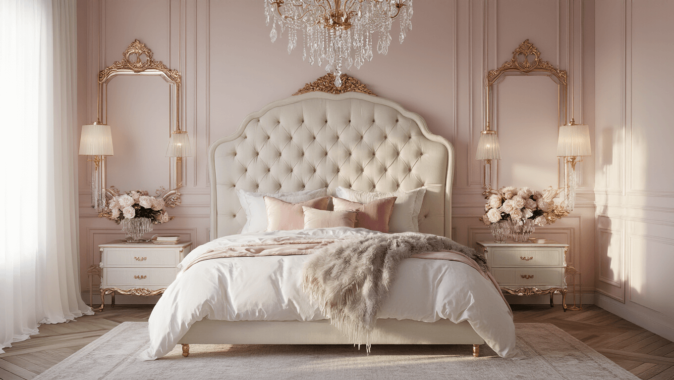 A luxurious blush pink bedroom with a tufted cream headboard, white silk bedding, and warm golden hour light, featuring a vintage chandelier, sheer curtains, and rose gold accents.
