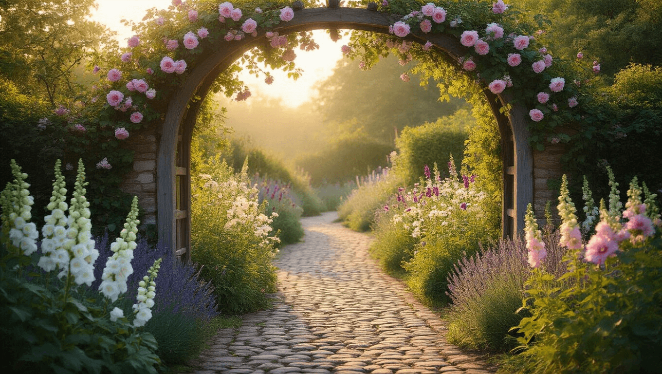 A winding cobblestone garden path at golden hour, shaded by climbing roses and wisteria, with a weathered wooden arch covered in pale pink David Austin roses. The foreground features tall foxgloves, white peonies, and silvery lavender, while classic cottage garden flowers bloom in the mid-ground. A vintage iron bench rests beneath an apple tree in the background, with morning dew on the path and a soft bokeh effect enhancing the magical atmosphere.