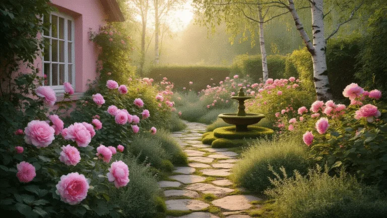 A photorealistic image of a romantic cottage garden at golden hour, featuring a winding stone path surrounded by pink flowers, including David Austin roses and peonies, filtered sunlight through white birch trees, and a moss-covered bird bath, all captured in soft warm tones with a dreamy bokeh effect.