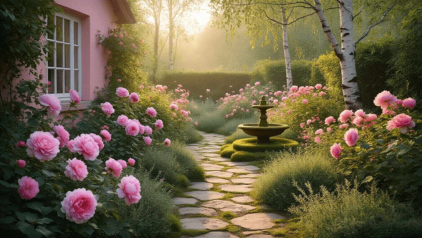 A photorealistic image of a romantic cottage garden at golden hour, featuring a winding stone path surrounded by pink flowers, including David Austin roses and peonies, filtered sunlight through white birch trees, and a moss-covered bird bath, all captured in soft warm tones with a dreamy bokeh effect.