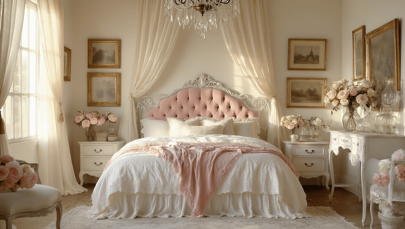 A vintage feminine bedroom illuminated by golden hour sunlight, featuring an ornate white iron bed with a tufted velvet headboard, layered lace and quilt bedding, a crystal chandelier, a gallery wall of antique brass frames, and a cozy reading nook with cream velvet cushions and leather-bound books.