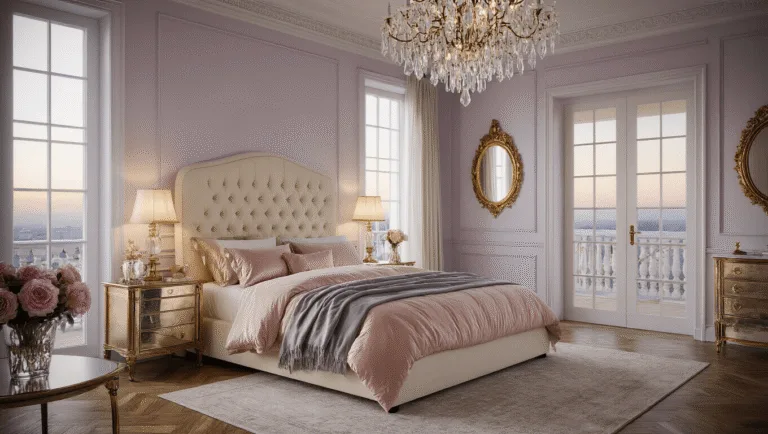 Luxurious master bedroom featuring a king-sized bed with blush pink silk bedding, crystal chandelier, vintage mirrored nightstands, and French doors to a Juliet balcony, captured in soft golden hour light with shallow depth of field.