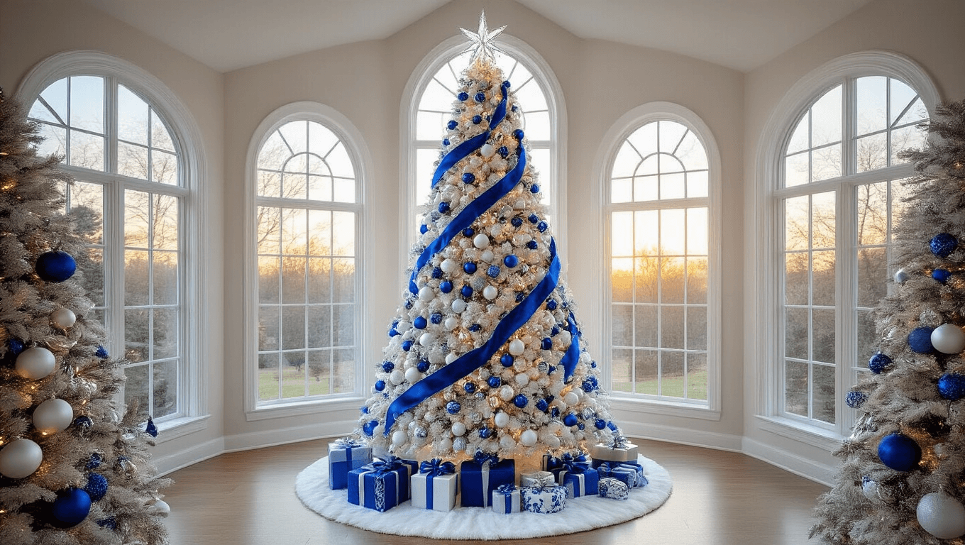 Photorealistic interior of a luxurious living room featuring a 7-foot flocked white Christmas tree adorned with blue and silver ornaments, set against vaulted ceilings and bay windows during golden hour.