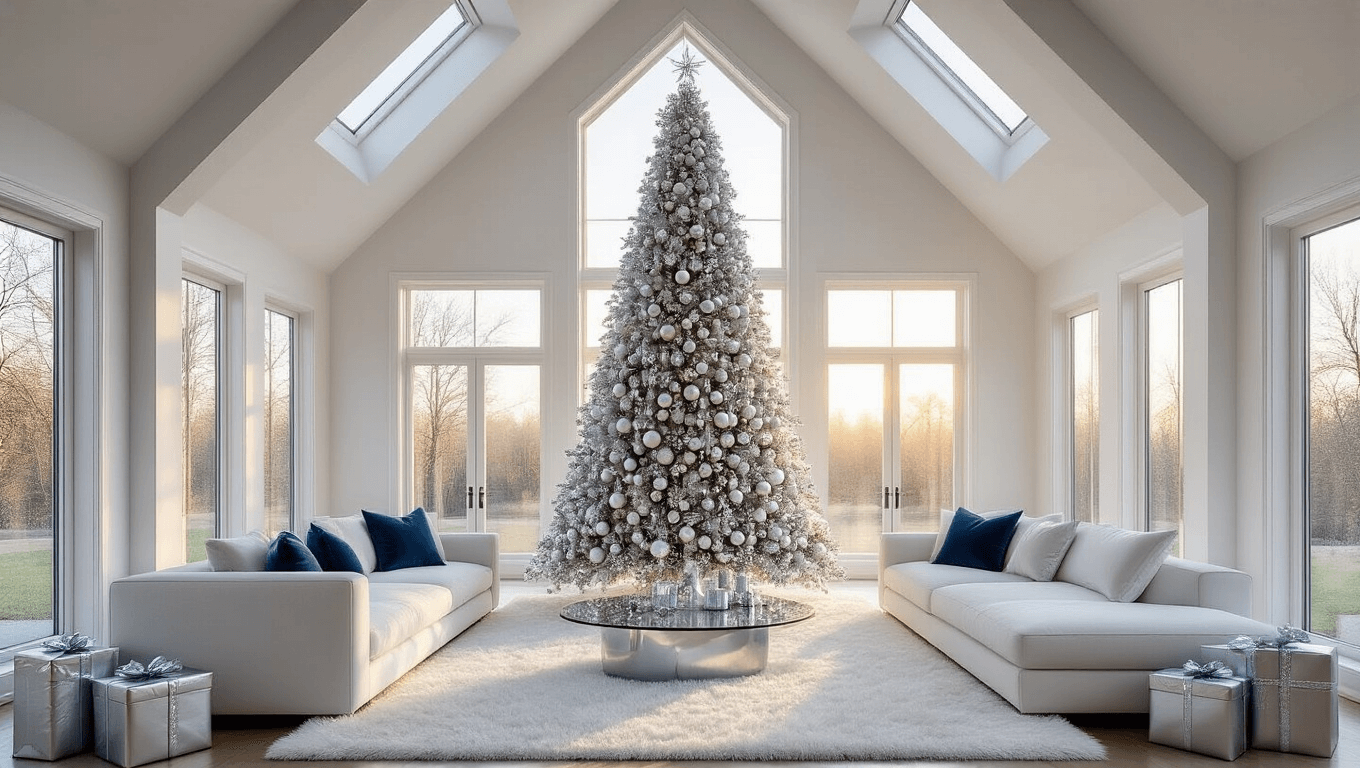 Photorealistic interior of a spacious living room featuring a dramatic vaulted ceiling, with a 9ft silver Christmas tree adorned with shiny and matte ornaments. The scene is illuminated by afternoon golden hour light streaming through large bay windows, showcasing a plush white sectional sofa, modern glass coffee table, and fluffy white area rug. Metallic wrapped presents are artfully arranged under the tree, creating an elegant and cozy atmosphere with cool silver tones balanced by warm ambient lighting.