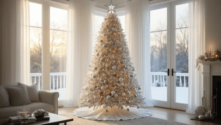 A photorealistic image of a grand living room with a 9-foot flocked white Christmas tree adorned with white and metallic ornaments, illuminated by warm golden hour sunlight filtering through sheer curtains. The scene features a luxurious faux fur tree skirt, elegant decorations, and beautifully wrapped presents.