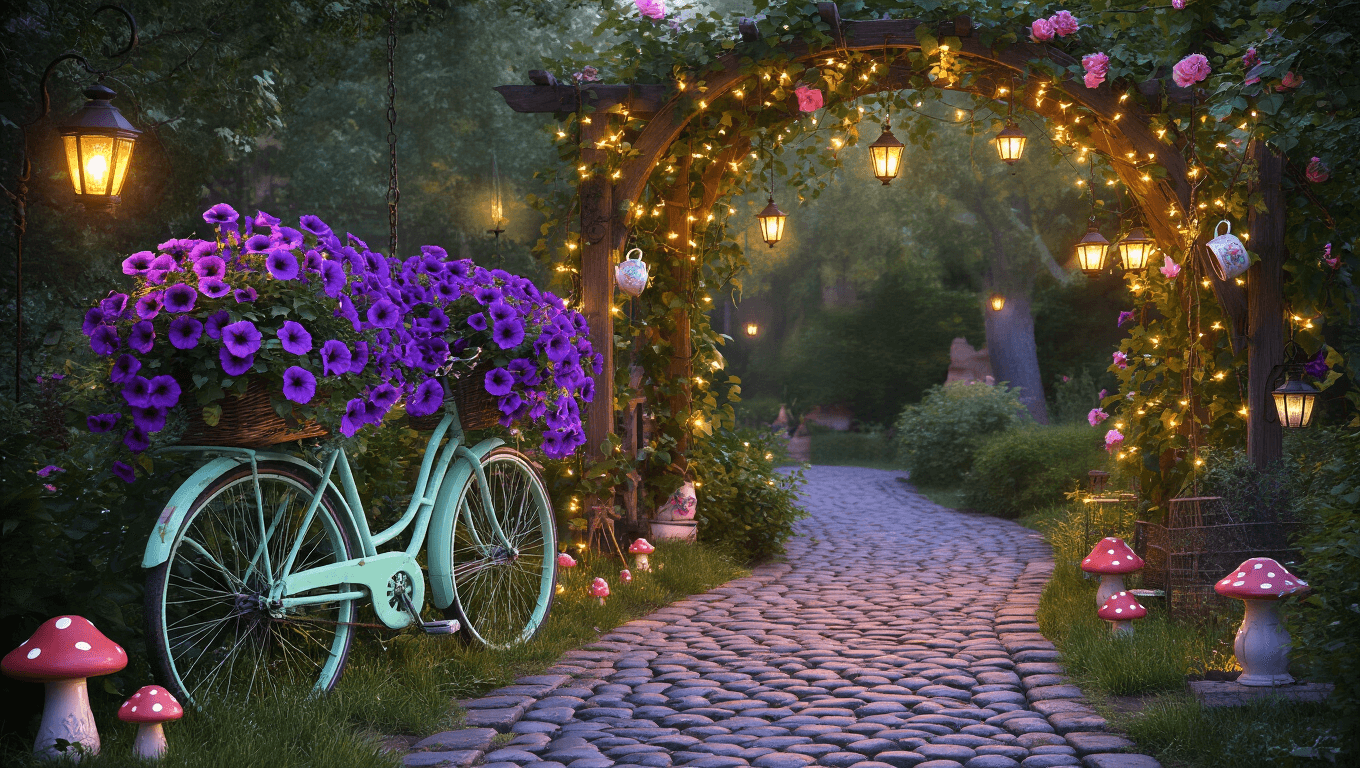 A whimsical twilight garden scene featuring a winding cobblestone path lined with glowing lanterns, a mint green bicycle overflowing with flowers, a rustic arbor draped in climbing roses, and charming fairy elements, all bathed in golden-blue light and soft bokeh.