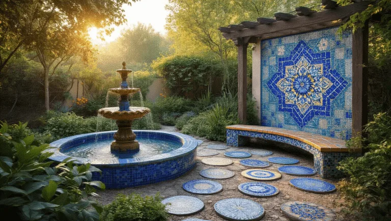 Photorealistic image of an expansive garden sanctuary featuring an 8ft-tall geometric mosaic wall in blues and teals, a Mediterranean-inspired fountain, and a curved mosaic bench, all illuminated by soft lighting during golden hour.