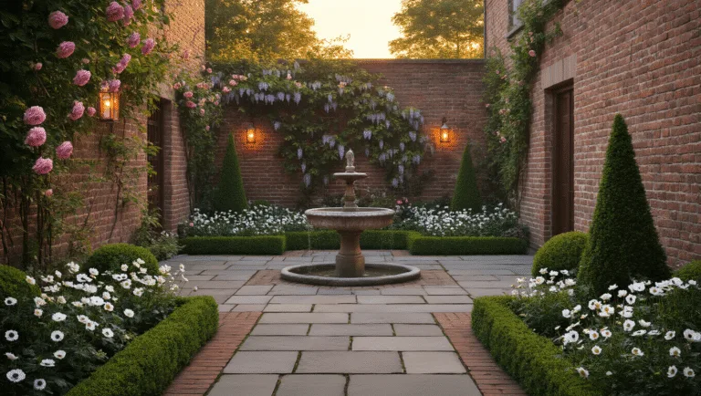 Photorealistic image of an intimate English courtyard garden at sunset, featuring ancient brick walls adorned with climbing roses and wisteria, a York stone paving path leading to a limestone fountain, trimmed boxwood and yews, and a vibrant mixed flower border, all bathed in warm golden light with soft evening shadows and a serene atmosphere.