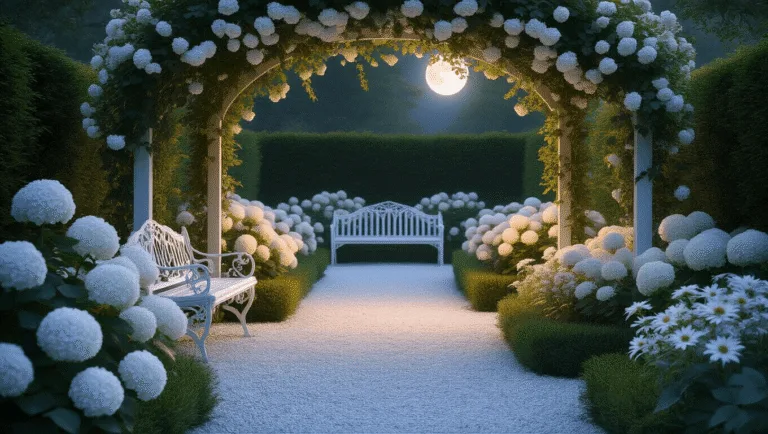 A photorealistic twilight garden scene featuring a winding white gravel pathway lined with blooming white hydrangeas and silvery lamb's ear, an antique iron bench under a rose-covered arbor, and soft landscape lighting casting ethereal shadows, with various white blooms and vintage copper lanterns.