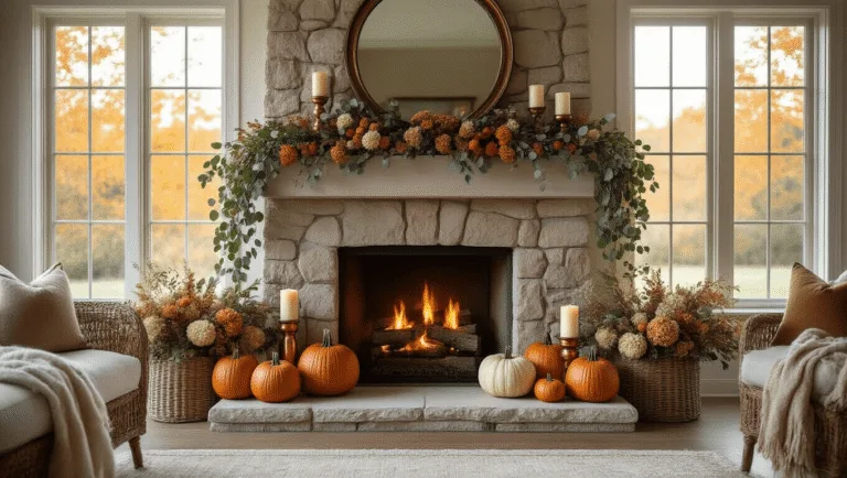 A luxurious living room with a stone fireplace mantel adorned for fall, featuring heirloom pumpkins, copper candlesticks, and a eucalyptus garland, bathed in soft natural light from large windows, highlighting warm earth tones and cozy decor elements.