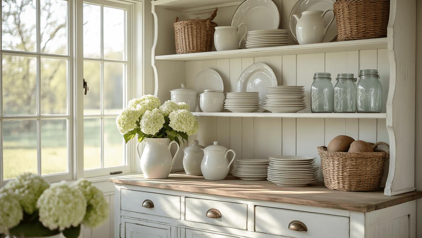 Photorealistic interior of a tall white farmhouse hutch styled with vintage china, ironstone pitchers, and mason jars, illuminated by soft morning light and featuring fresh hydrangeas, woven baskets, and patina copper pieces, captured in crisp detail with an elegant warm color palette and gentle bokeh background.