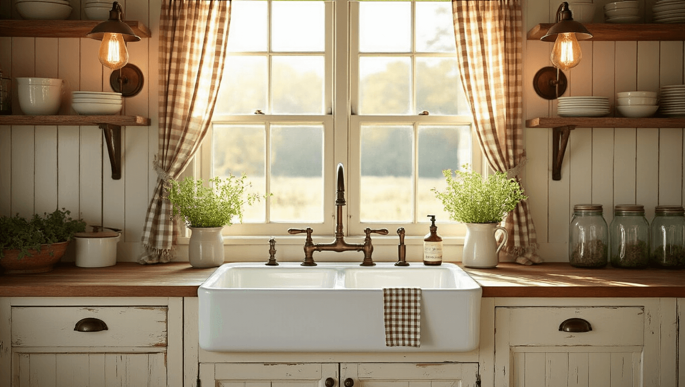 Photorealistic image of a sunlit farmhouse kitchen featuring a white apron-front sink, oil-rubbed bronze sconces, vintage Edison bulbs, distressed cream cabinets, butcher block countertop, antique brass faucet, exposed copper pipes, buffalo check curtains, and shelves with enamelware and mason jars.