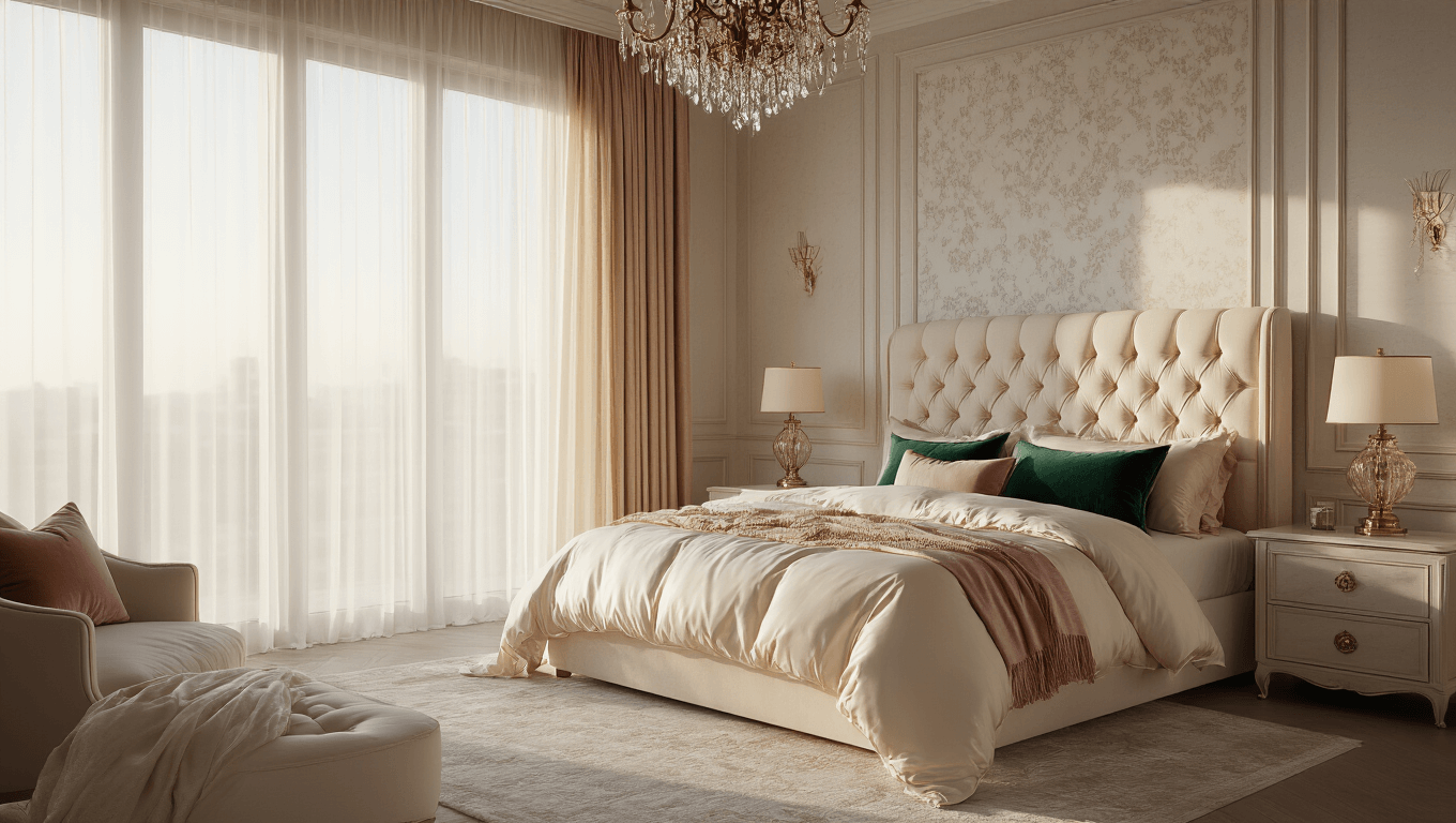 A luxurious feminine bedroom bathed in golden hour light, featuring a queen-sized bed with silk bedding, velvet accent pillows, and a vintage brass chandelier, set against pearl-gray walls and herringbone hardwood floors.