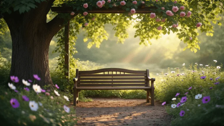 A weathered teak garden bench under a mature maple tree, surrounded by climbing pink roses and purple cosmos flowers, with dappled sunlight creating a serene atmosphere in a photorealistic scene.
