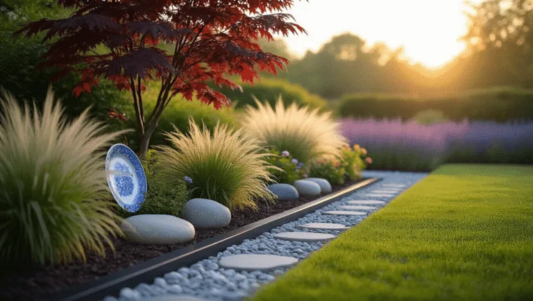 A beautifully designed garden border at golden hour, showcasing black metal edging, weathered stone, ornamental grasses, a Japanese maple, and varied textures surrounded by a soft bokeh background of a lavender field, enhanced by modern landscape lighting and morning dew.