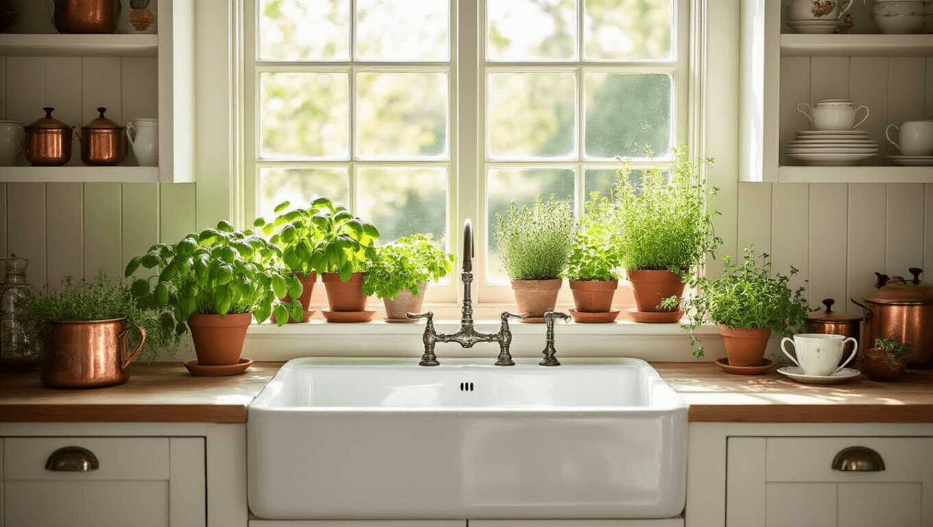 A bright kitchen garden window above a farmhouse sink, showcasing thriving herbs in terracotta pots, with warm golden hour lighting casting shadows across the countertop.