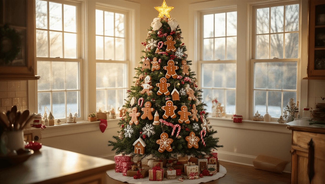 Photorealistic image of a 7-foot Fraser fir Christmas tree in a cozy kitchen, decorated with gingerbread-themed ornaments, warm sunlight filtering through frost-kissed windows, and a quilted tree skirt.