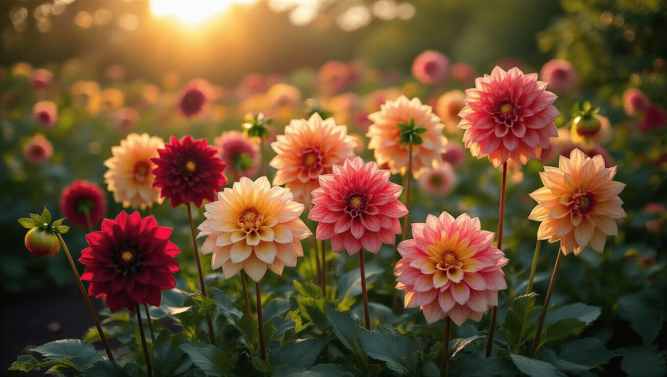 Photorealistic shot of a vibrant dahlia garden at golden hour, featuring lush layers of colorful dahlias in rich colors, glistening dew on petals, dark soil with cedar mulch, and soft morning mist, captured at a 45-degree angle with natural lens flare and subtle bokeh in 8K resolution.
