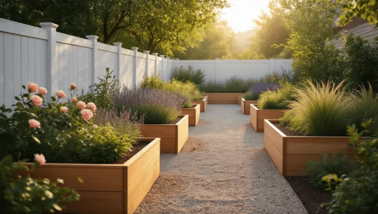 A tranquil backyard garden at golden hour featuring raised cedar beds with climbing roses and lavender, against a white fence, illuminated by soft sunlight and showcasing dewdrops, textured foliage, and copper garden art.