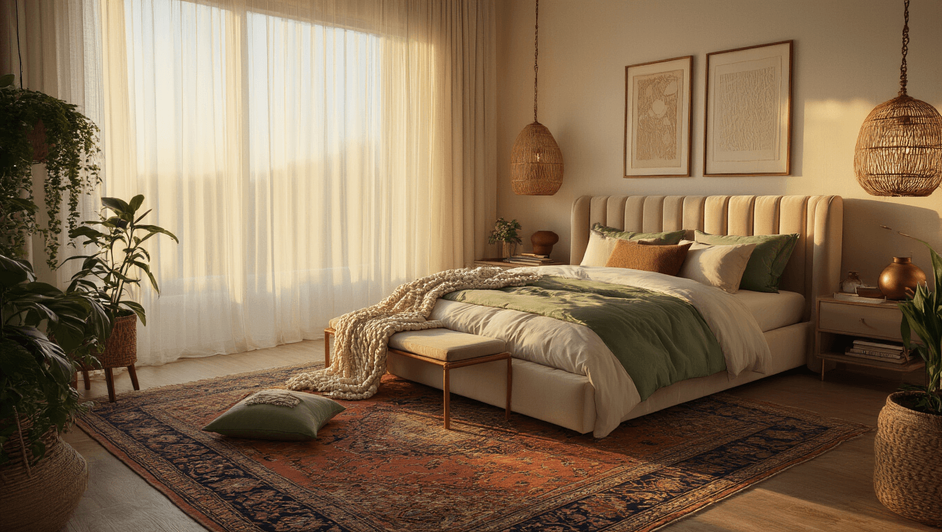A luxurious bedroom bathed in warm golden hour sunlight, featuring a velvet platform bed with layered bedding, a vintage Persian rug, and a modern rattan pendant light, complemented by trailing plants and macramé wall hangings.