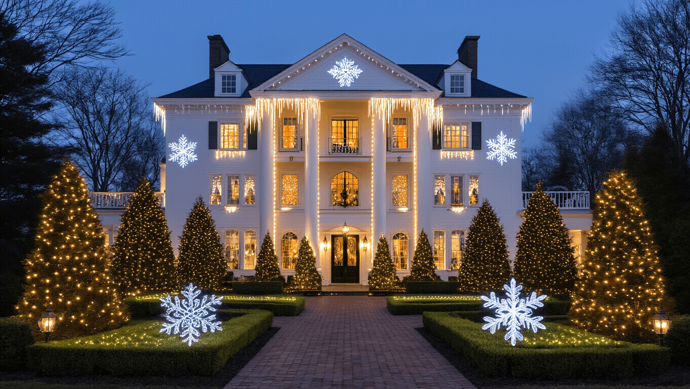 A grand Colonial home decorated with synchronized LED Christmas lights at dusk, featuring a white facade, glowing roofline icicle lights, and 3D snowflake projections in a snow-covered yard.