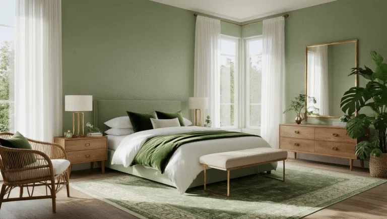 A luxurious green bedroom sanctuary featuring a king bed with white linens, velvet pillows, natural wood nightstands, and a large monstera plant, all bathed in soft morning light.