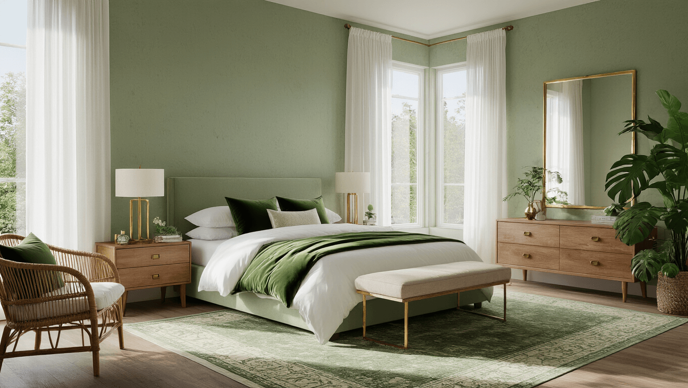 A luxurious green bedroom sanctuary featuring a king bed with white linens, velvet pillows, natural wood nightstands, and a large monstera plant, all bathed in soft morning light.