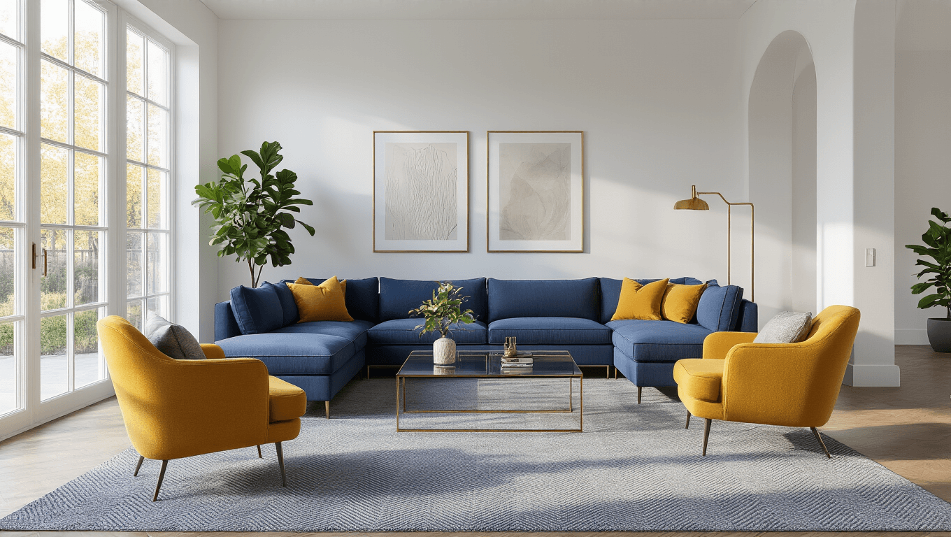 A spacious contemporary living room featuring a plush grey herringbone carpet, deep blue L-shaped sectional sofa, mustard yellow accent chairs, and large windows illuminating the space with natural sunlight.