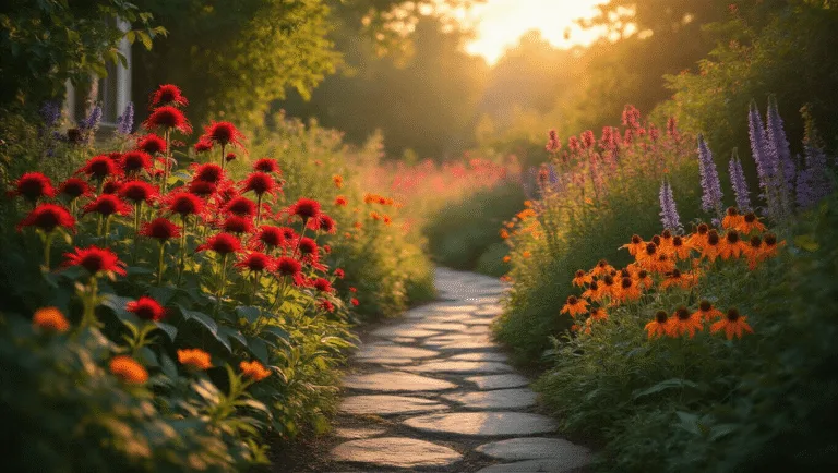 A golden hour photograph of a lush garden path featuring crimson Bee Balm and Cardinal Flowers, with a hummingbird feeding among vibrant blooms, set against a backdrop of warm amber light and rich colors.