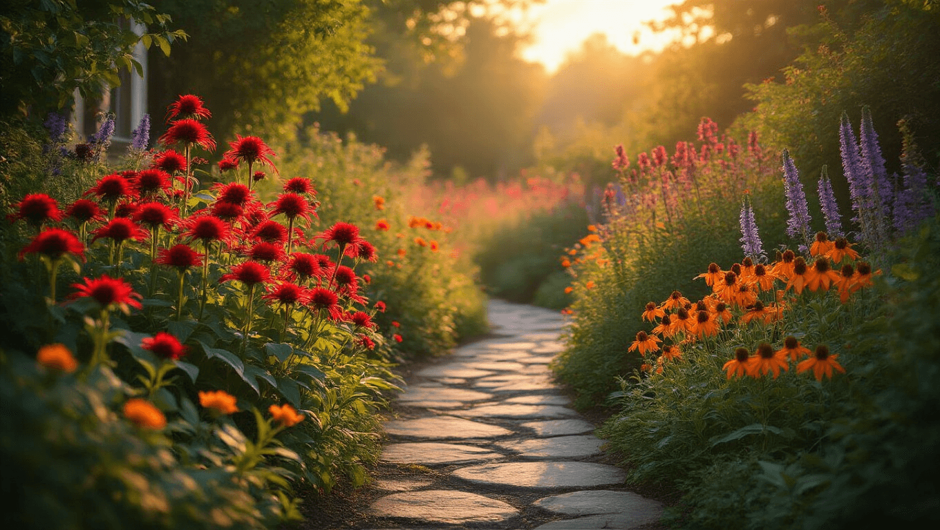 A golden hour photograph of a lush garden path featuring crimson Bee Balm and Cardinal Flowers, with a hummingbird feeding among vibrant blooms, set against a backdrop of warm amber light and rich colors.