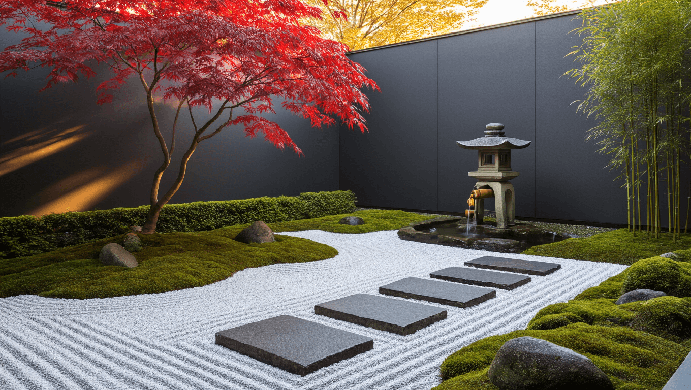 Hyperrealistic photograph of a small Japanese courtyard garden featuring a weeping maple, raked gravel, granite stepping stones, and a traditional stone lantern, all illuminated by soft golden hour light.