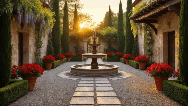 Crafting Your Italian Courtyard Garden: A Mediterranean Oasis of Elegance and Tranquility Photorealistic wide-angle shot of a sunlit Italian courtyard garden at sunset, featuring a three-tiered limestone fountain, manicured cypress trees, flowering wisteria, vibrant red geraniums, geometric boxwood hedges, a rustic wooden pergola, and a bistro seating area, all bathed in warm amber tones with slight lens flare.